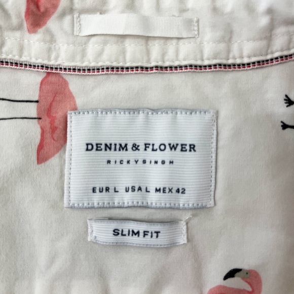 Denim & Flower Cotton Short Sleeves Button Down Shirt Pink Flamingos Slim L - Picture 2 of 9